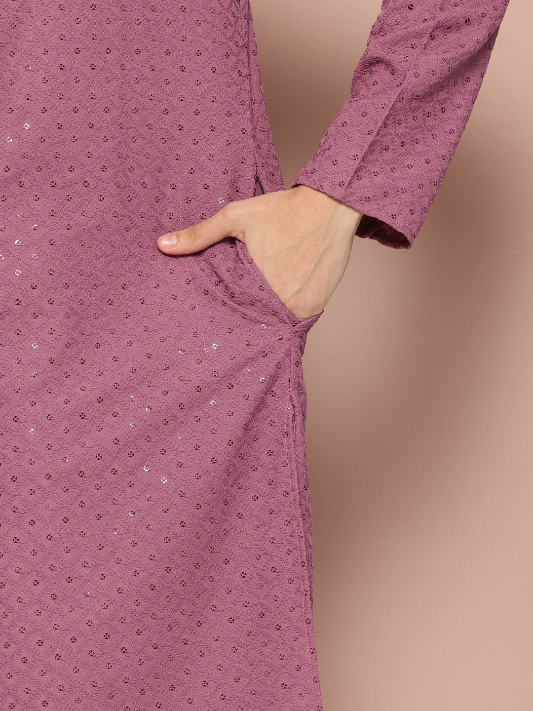 Men's Pink Sequin Embroidered Rayon Kurta, Paired with Pyjama