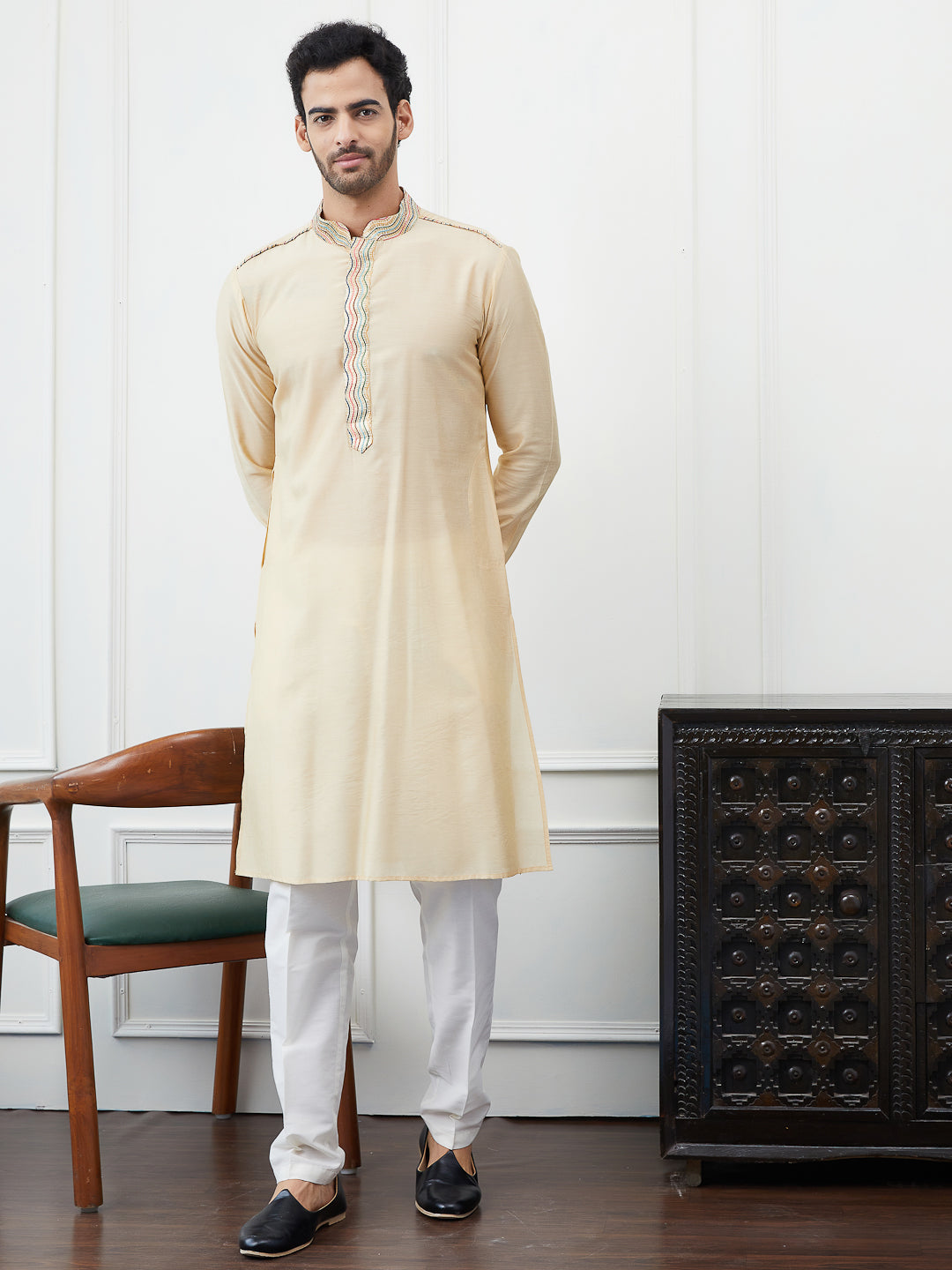 Solid Pure Cotton Straight Kurta with Embroidered Flacked and Pyjama