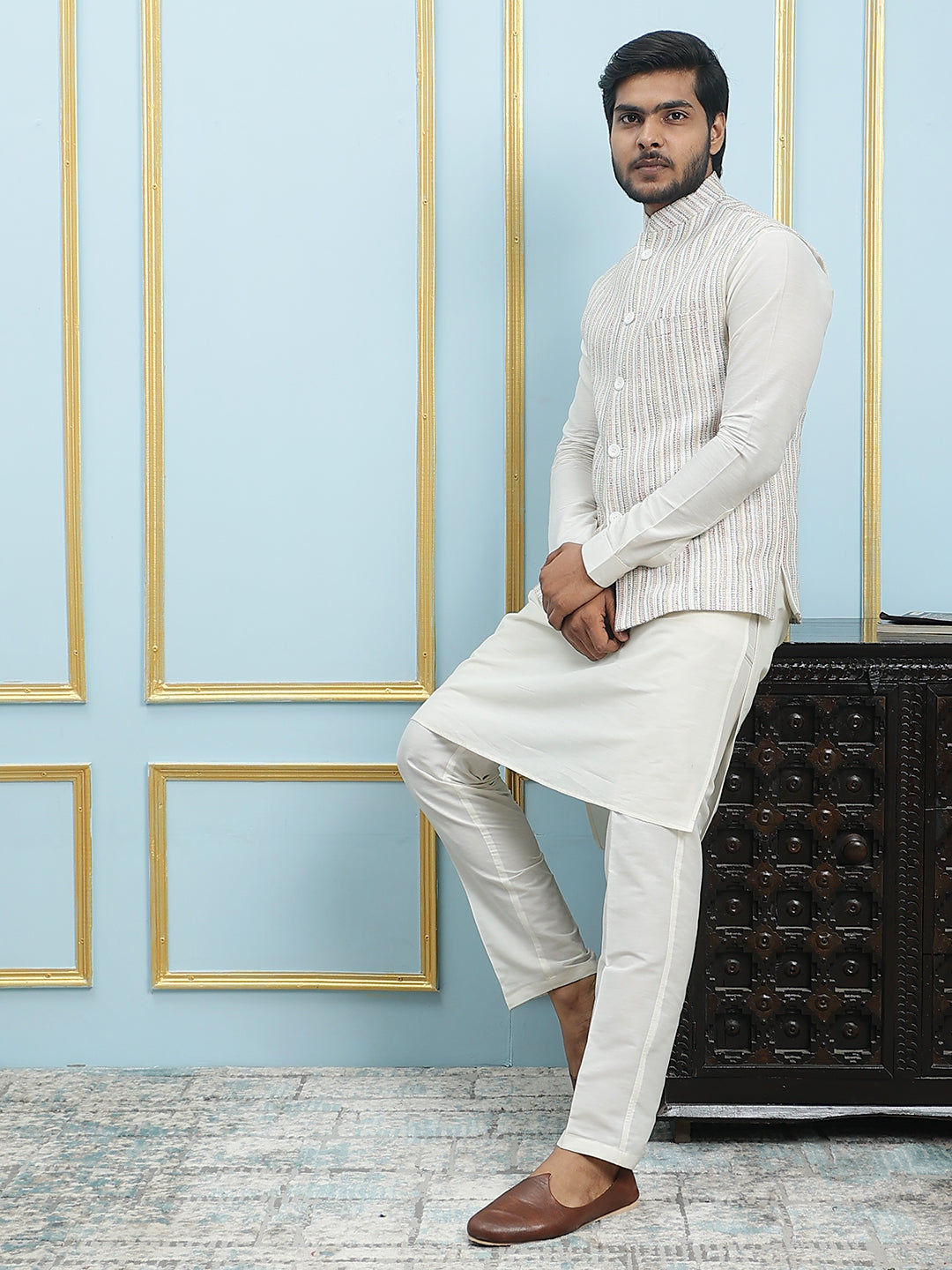 Pure Silk Straight Kurta & Pyjama Set with Handwoven Nehru Jacket