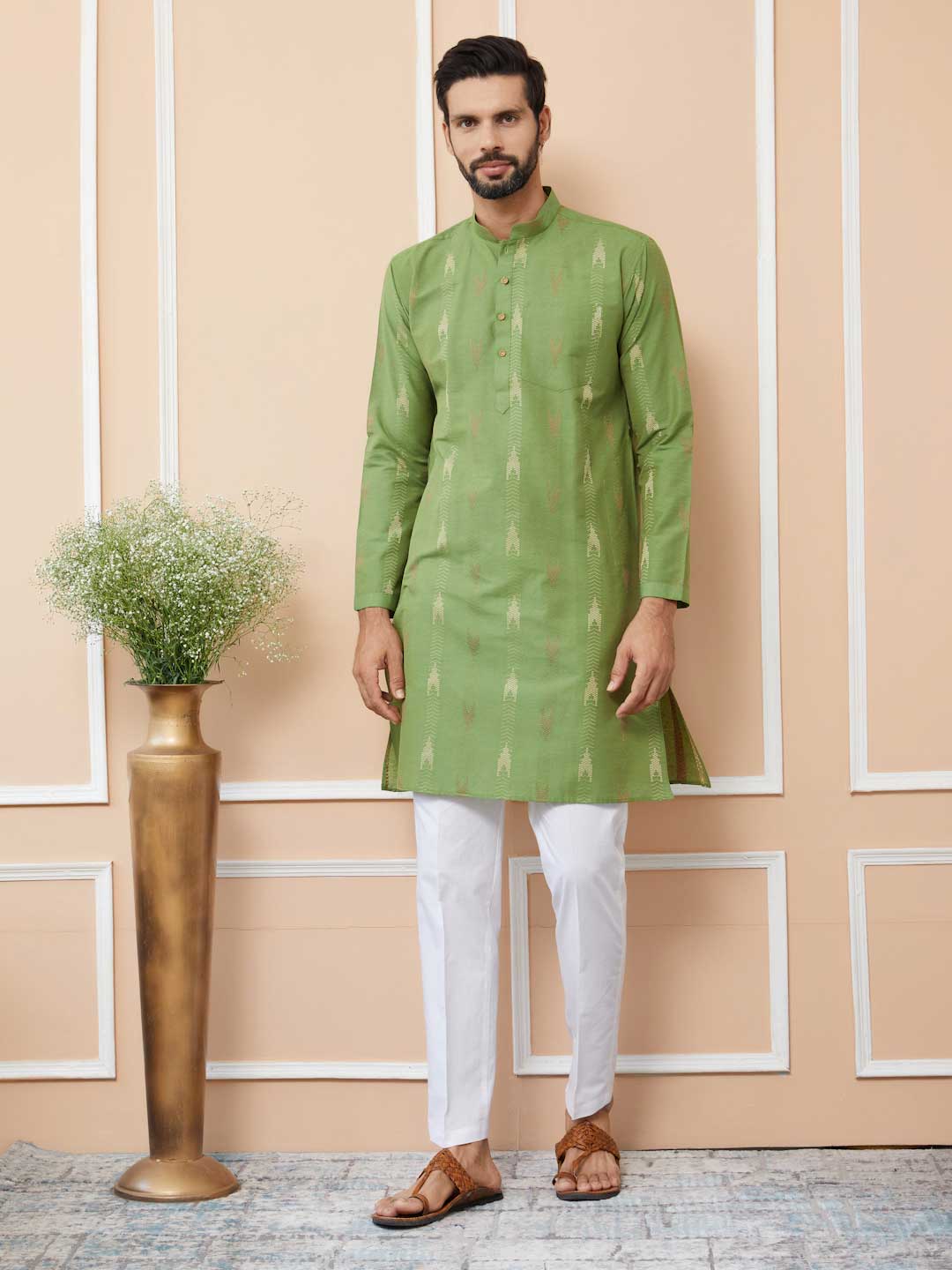 Green Cotton Handloom motifs Straight Kurta