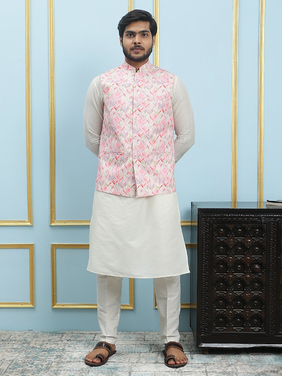 Pure Silk Straight Kurta & Pyjama Set with Printed Cotton Nehru Jacket