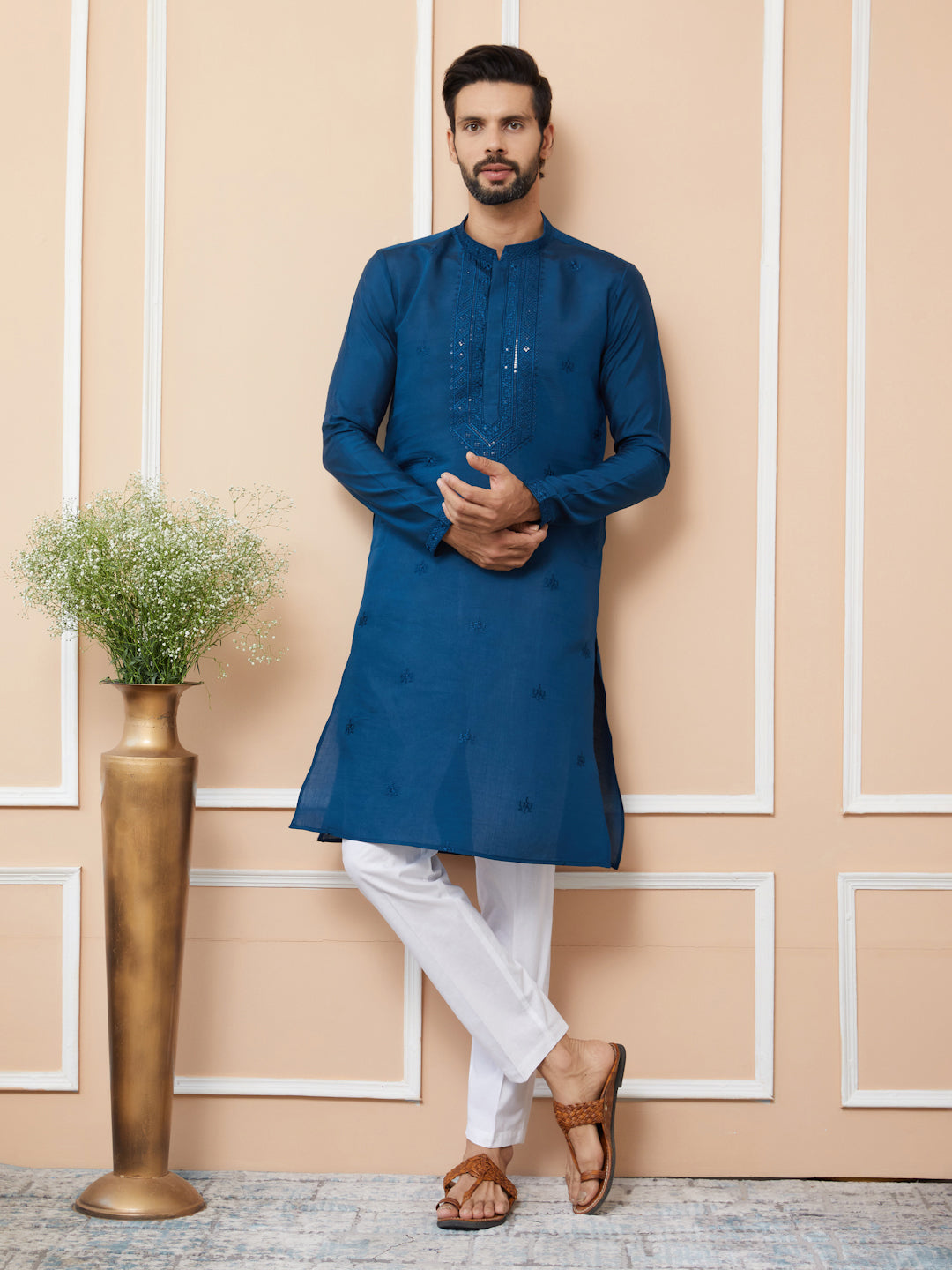 Navy Blue Embroidered Chanderi Silk Straight Kurta with Pyjama