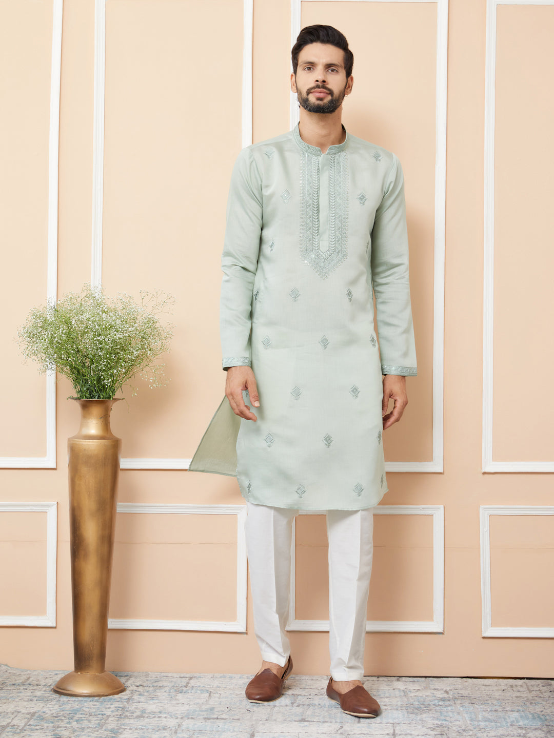 Pastel Green Embroidered Chanderi Silk Straight Kurta