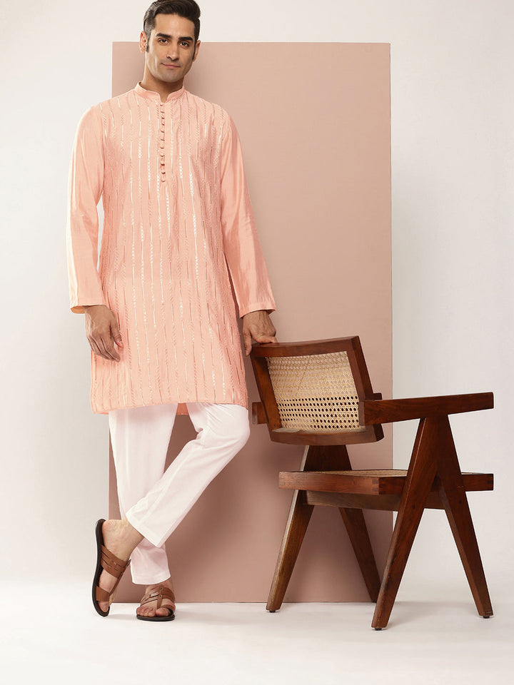 Light Pink Chanderi Silk Kurta with Embroidery and Sequins, Paired with Pyjama