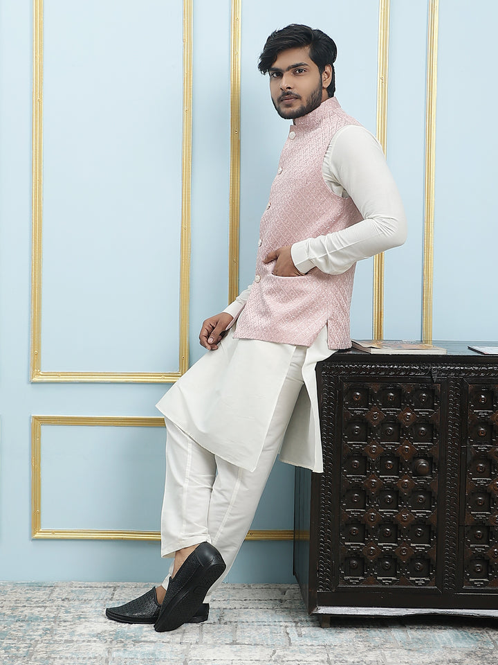 Pure Silk Kurta & Pyjama with Sequins Embroidered Nehru Jacket