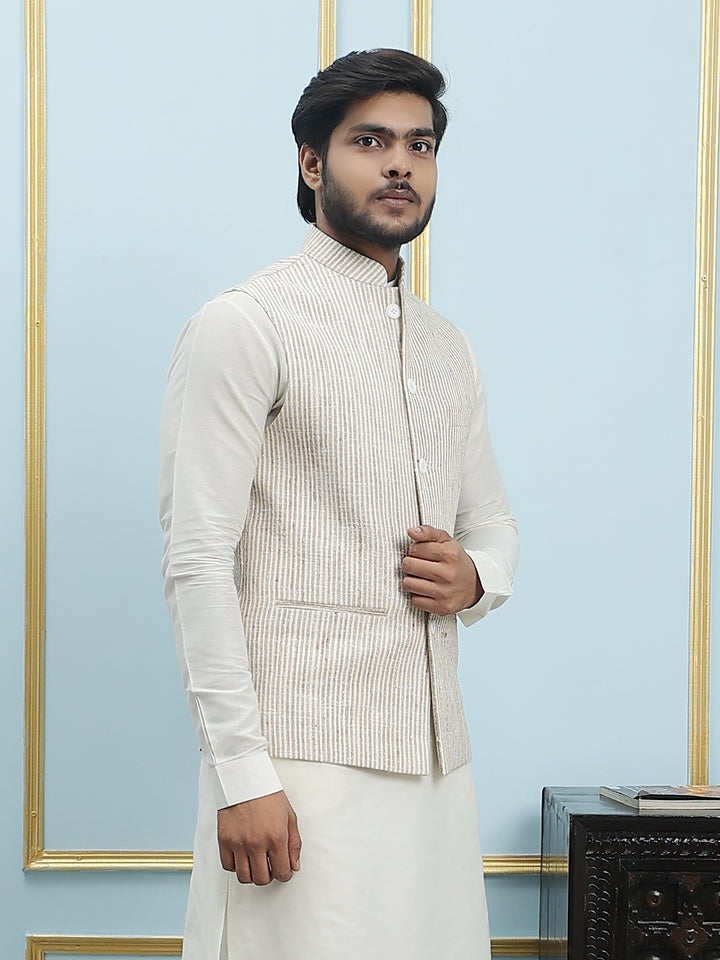 Pure Silk Straight Kurta & Pyjama Set with Handwoven Nehru Jacket