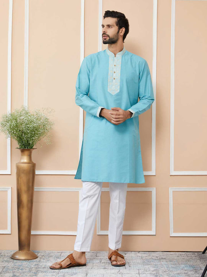 Blue Solid Cotton Straight Kurta with Pyjama with Jacquard neckline