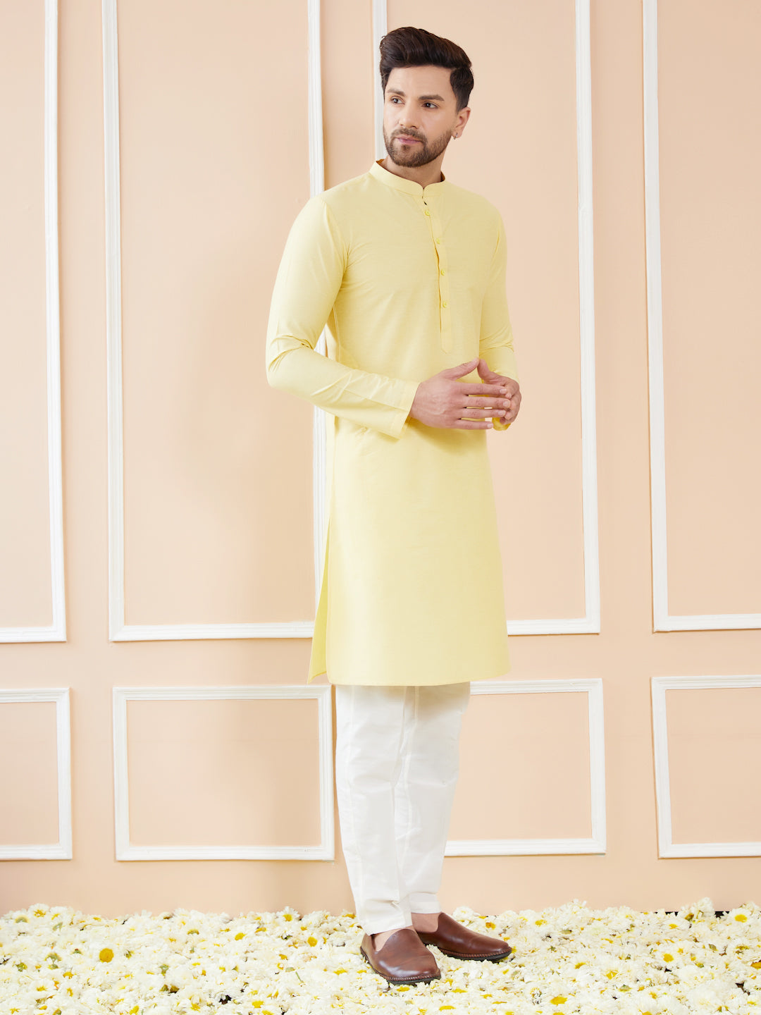 Yellow Cotton Solid Straight Kurta