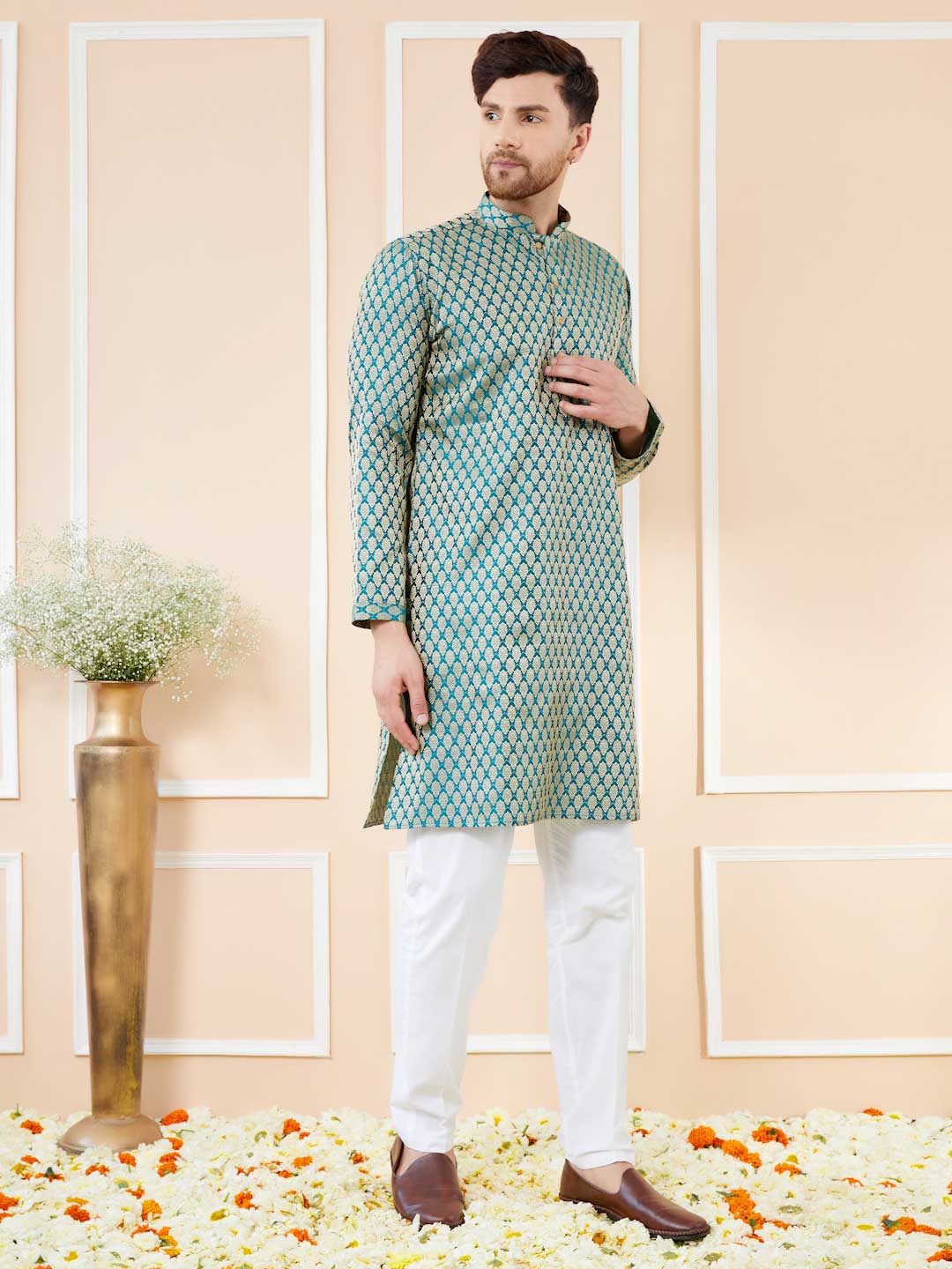 Blue Ethnic Motifs Silk Jacquard Woven Design Straight Kurta