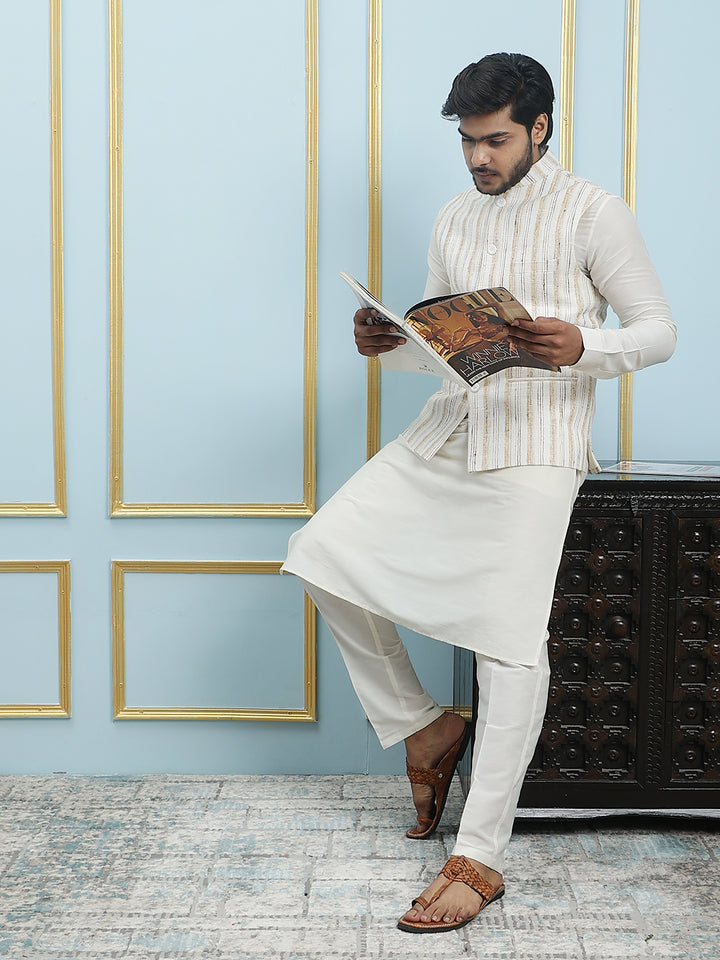 Pure Silk Straight Kurta & Pyjama Set with Handwoven Nehru Jacket