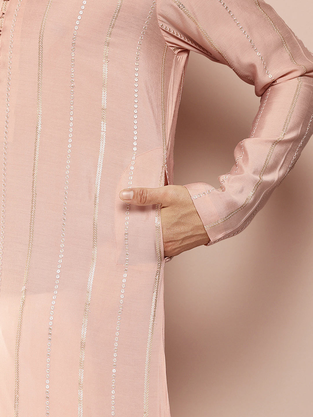 Men's Pink Chanderi Silk Kurta with Sequin Embroidery, Paired with Pyjama