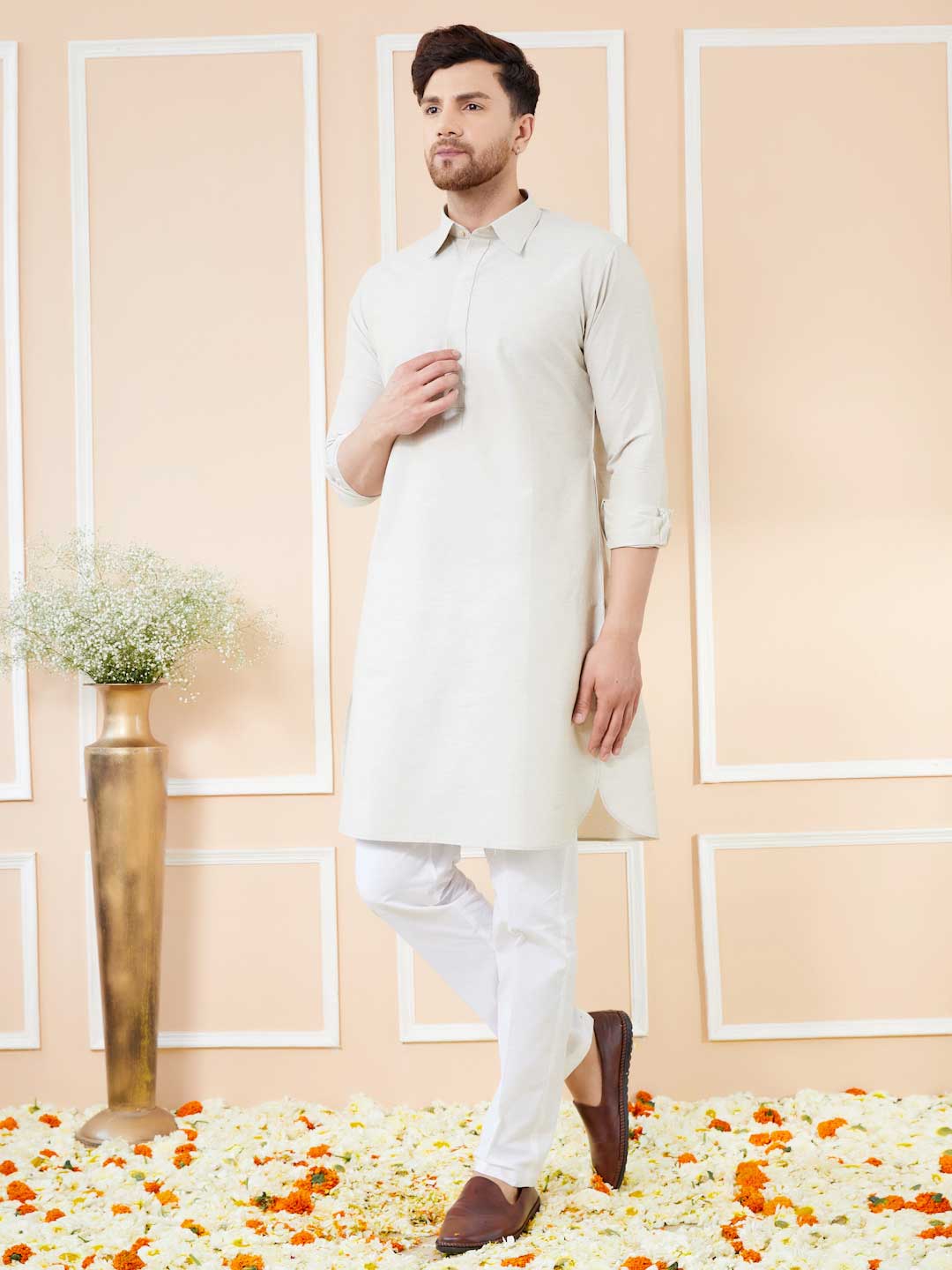 Off White Cotton Solid Pathani Kurta