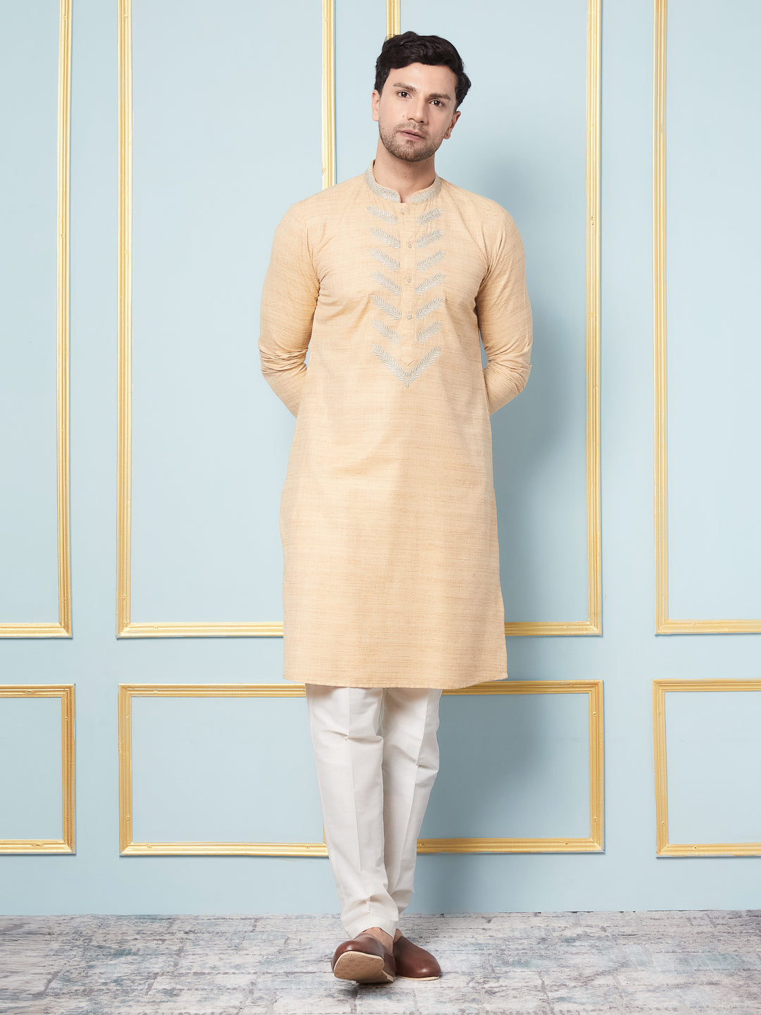 Pure Cotton Straight Kurta with Embroidered Neck Design and Pyjama