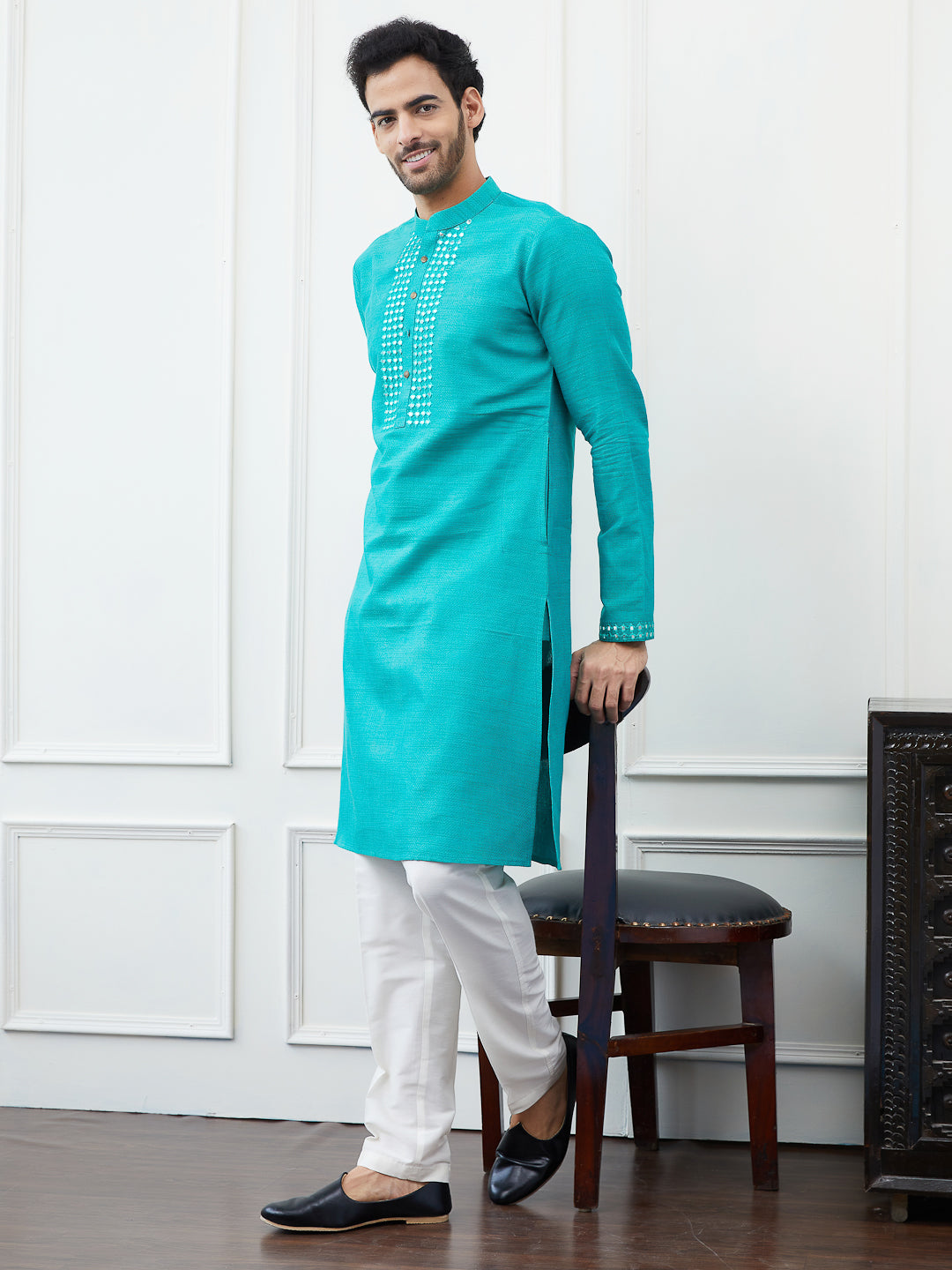 Embroidered Sequin Mirror Worked Pure Cotton Straight Kurta with Pyjama