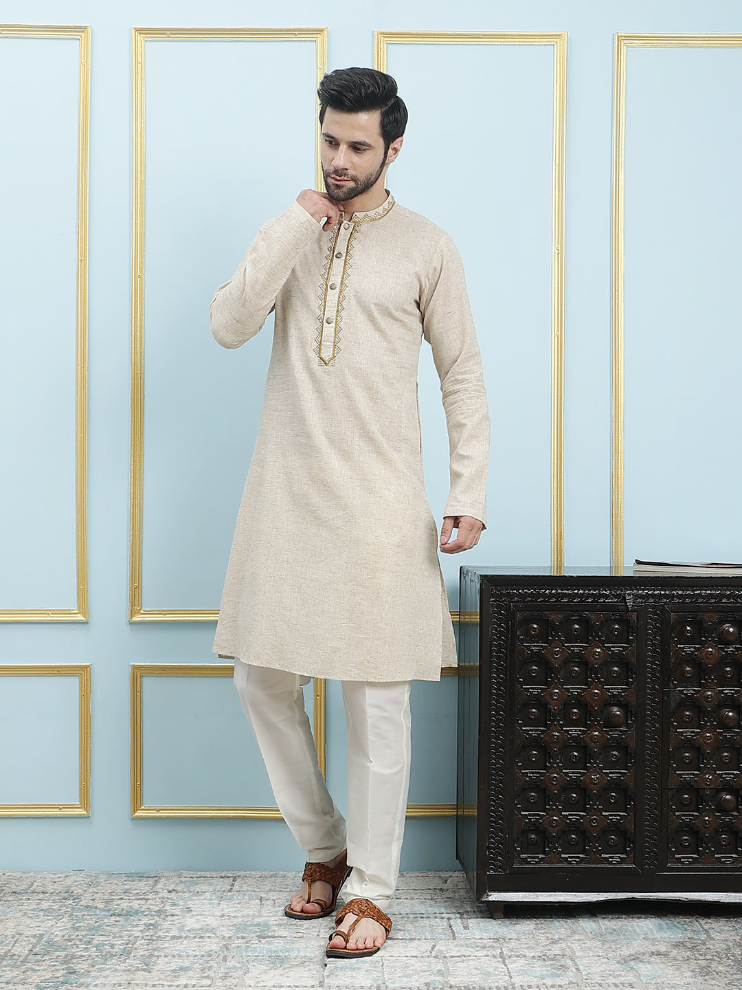 Solid Pure Cotton Straight Kurta with Embroidered Neck Design and Pyjama