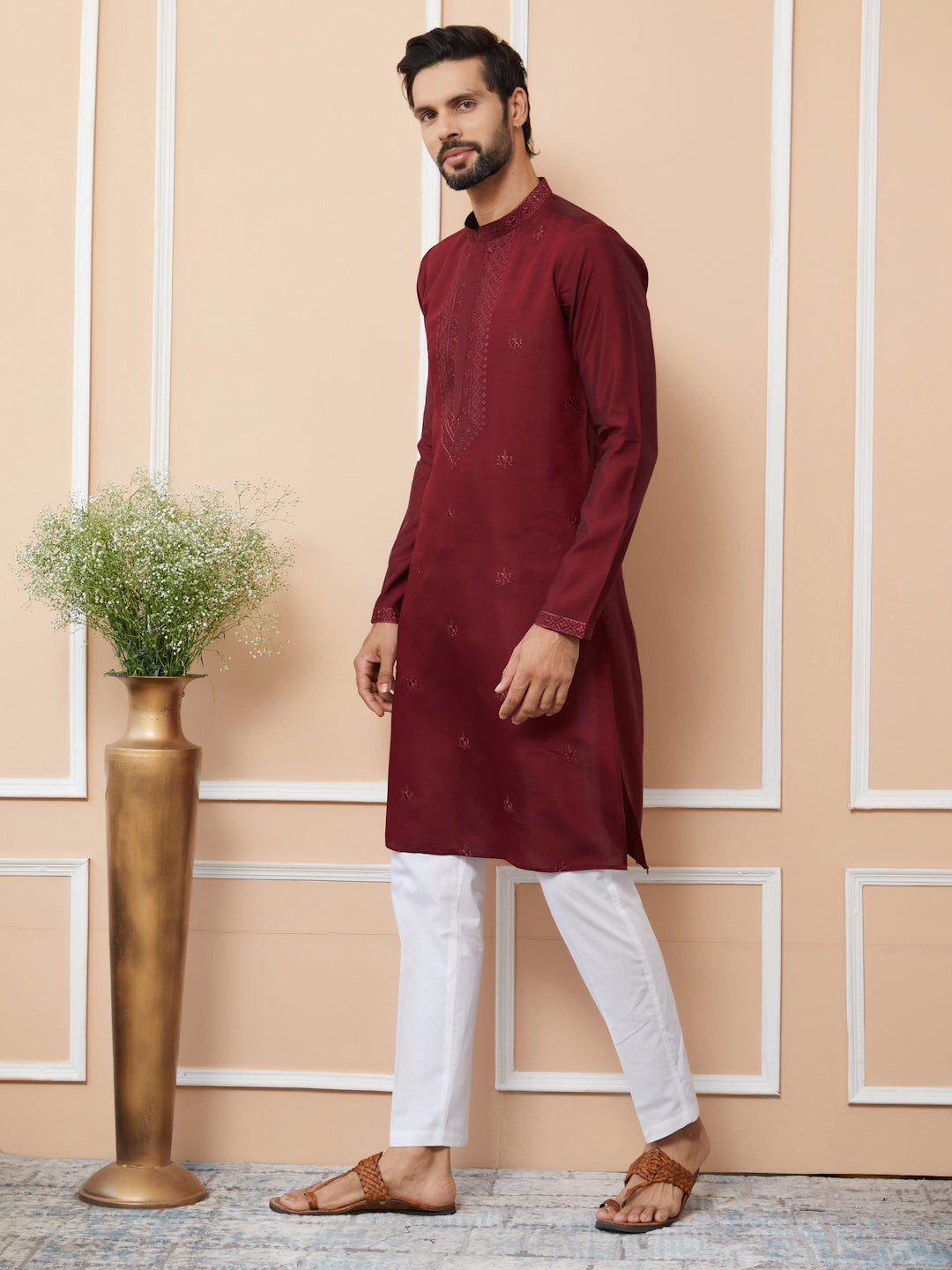 Maroon Embroidered Chanderi Silk Straight Kurta