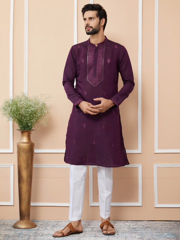 Dark Purple Embroidered Chanderi Silk Straight Kurta