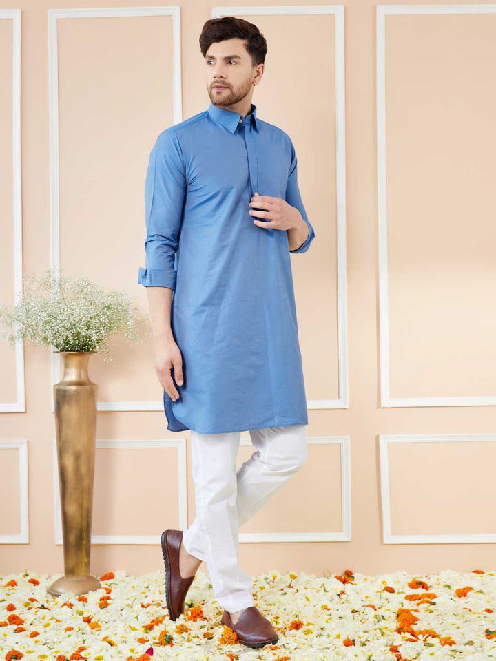 Blue Cotton Solid Pathani Kurta