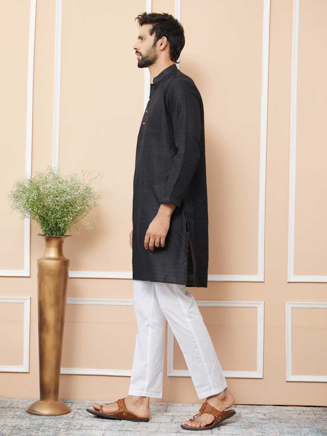 Black Ethnic Motifs Silk Jacquard Woven Design Straight Kurta with Pyjama