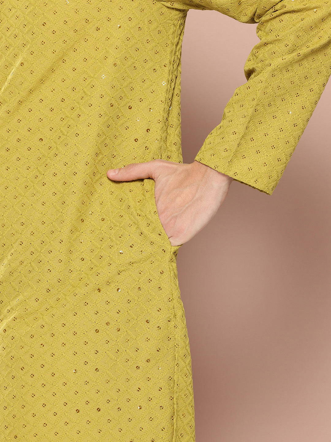 Lime Green Sequin Embroidered Rayon Kurta, Paired with Pyjama