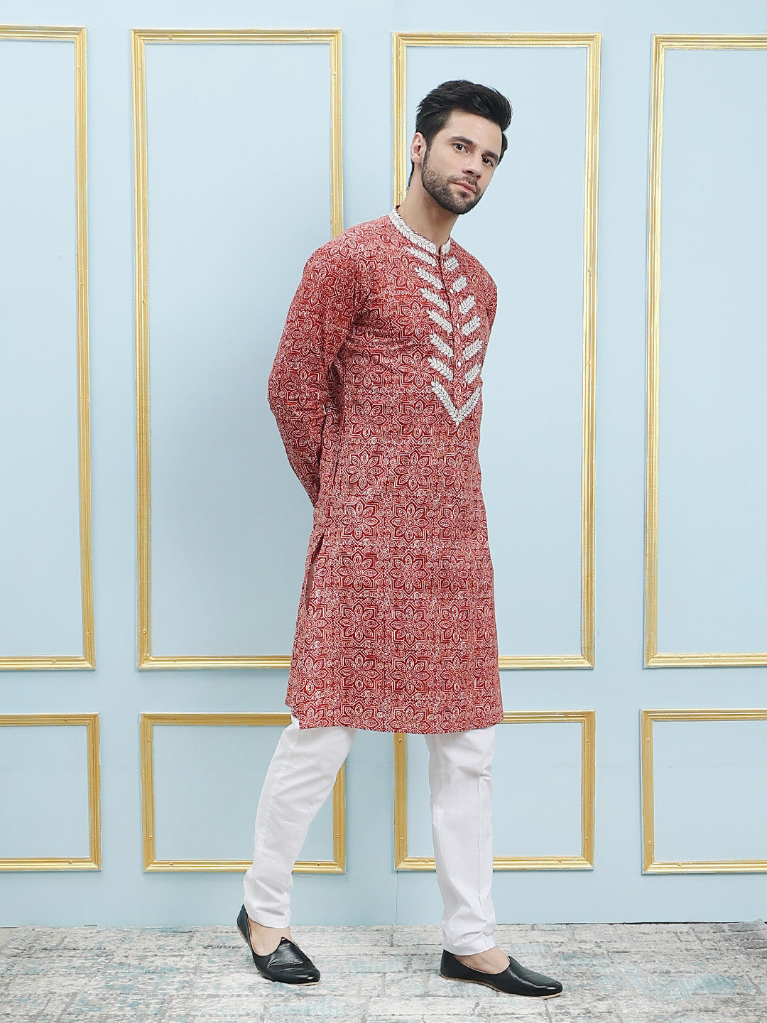 Printed Pure Cotton Straight Kurta with Embroidered Neck Design and Pyjama