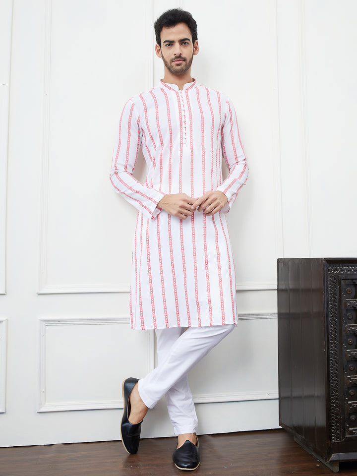 White and Pink Embroidered Cotton Straight Kurta with Pyjama