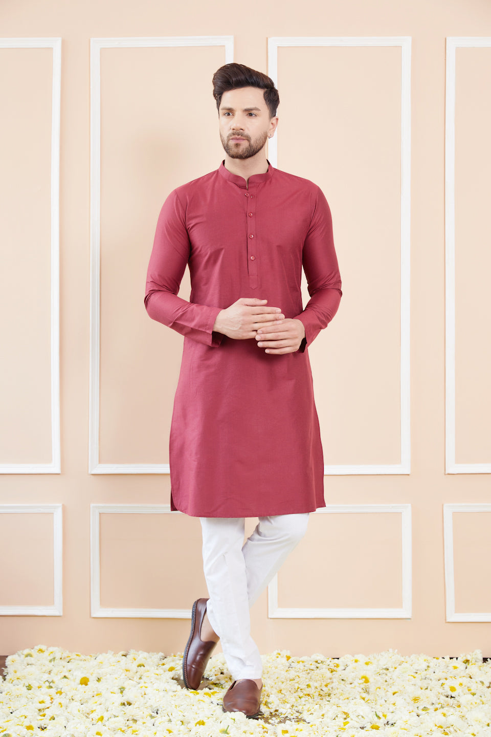 Maroon Cotton Solid Straight Kurta with Pyjama