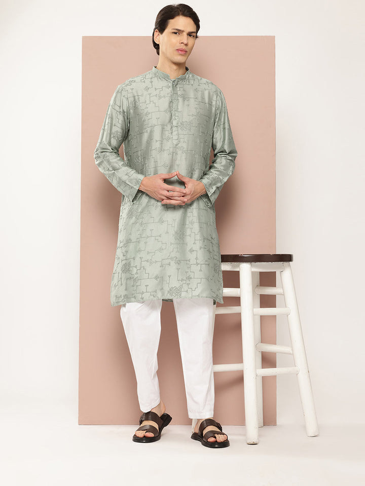 Men's See Green Chanderi Silk Embroidered Kurta, Paired with Pyjama