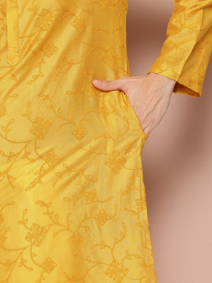 Men's Mustard Chanderi Silk Embroidered Kurta, Paired with Pyjama