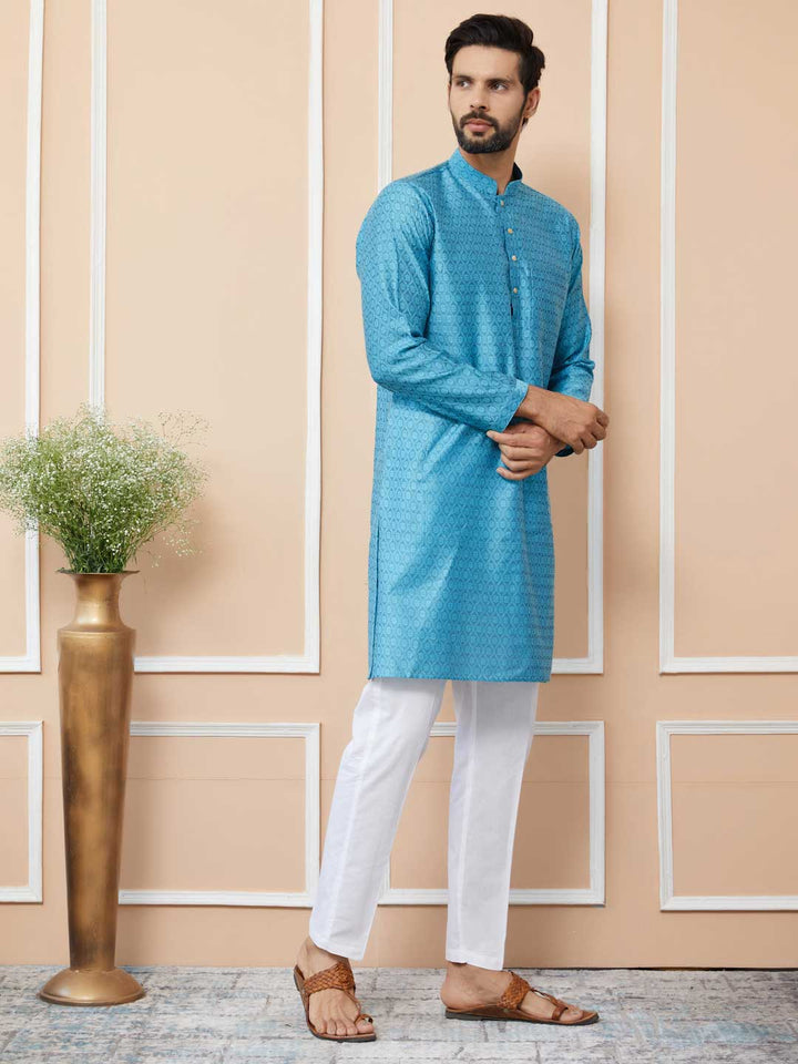 Light Blue Ethnic Motifs Silk Jacquard Woven Design Straight Kurta with Pyjama