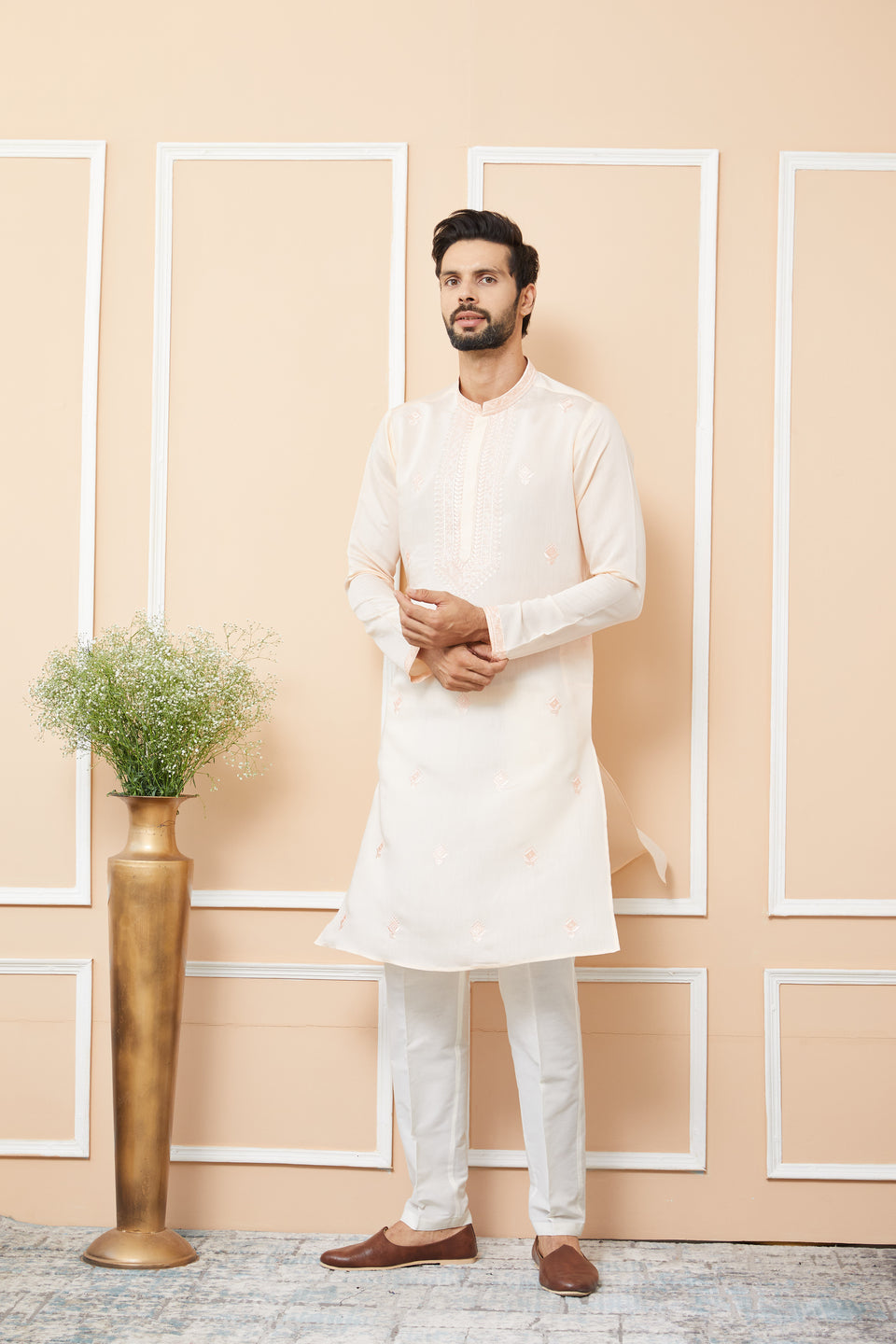 Peach Embroidered Chanderi Silk Straight Kurta