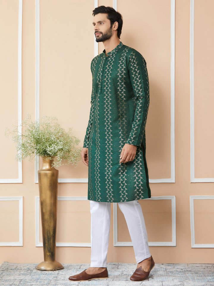 Green Embroidered Thread Work Sequinned Chanderi Silk Straight Kurta with Pyjama