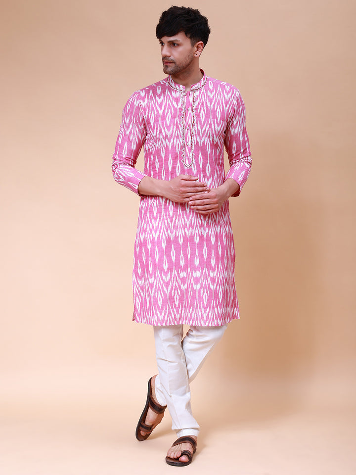 Printed Ikat Pure Cotton Straight Kurta with Embroidered Neck Design and Pyjama