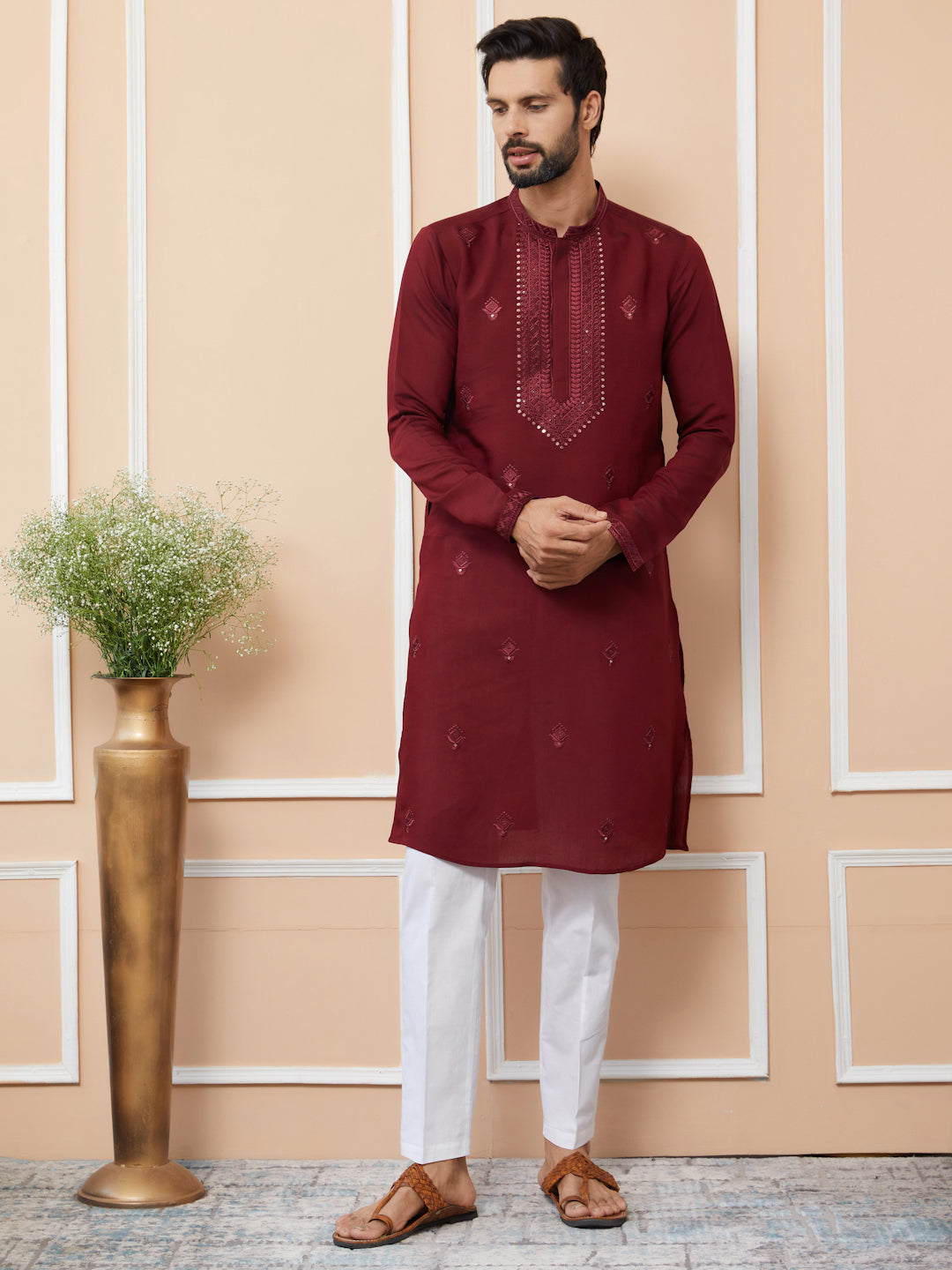 Dark Maroon Embroidered Chanderi Silk Straight Kurta