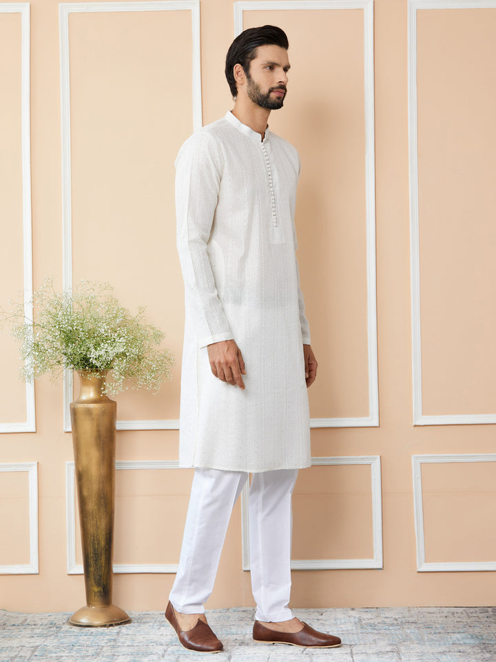 Off White Embroidered Thread Work Sequinned Chanderi Silk Straight Kurta with Pyjama