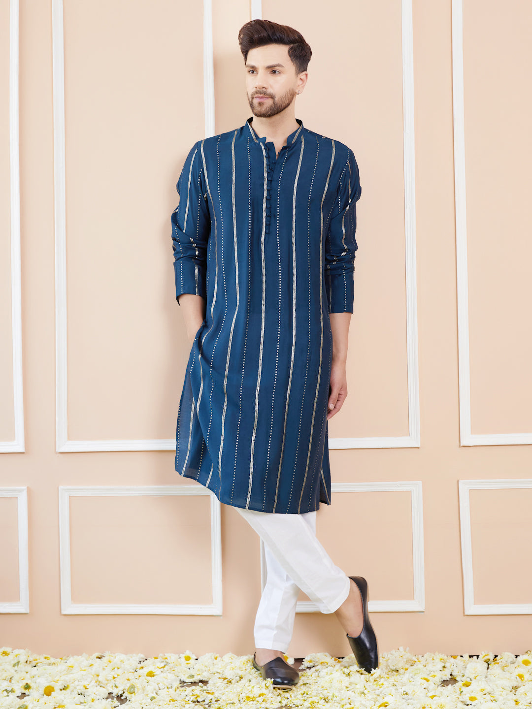 Blue and Gold Sequins Embroidered Chanderi Silk Straight Kurta With Pyjama