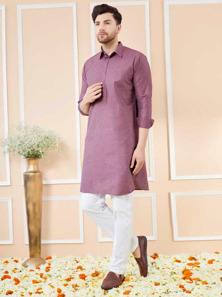 Purple Cotton Solid Pathani Kurta with Pyjama