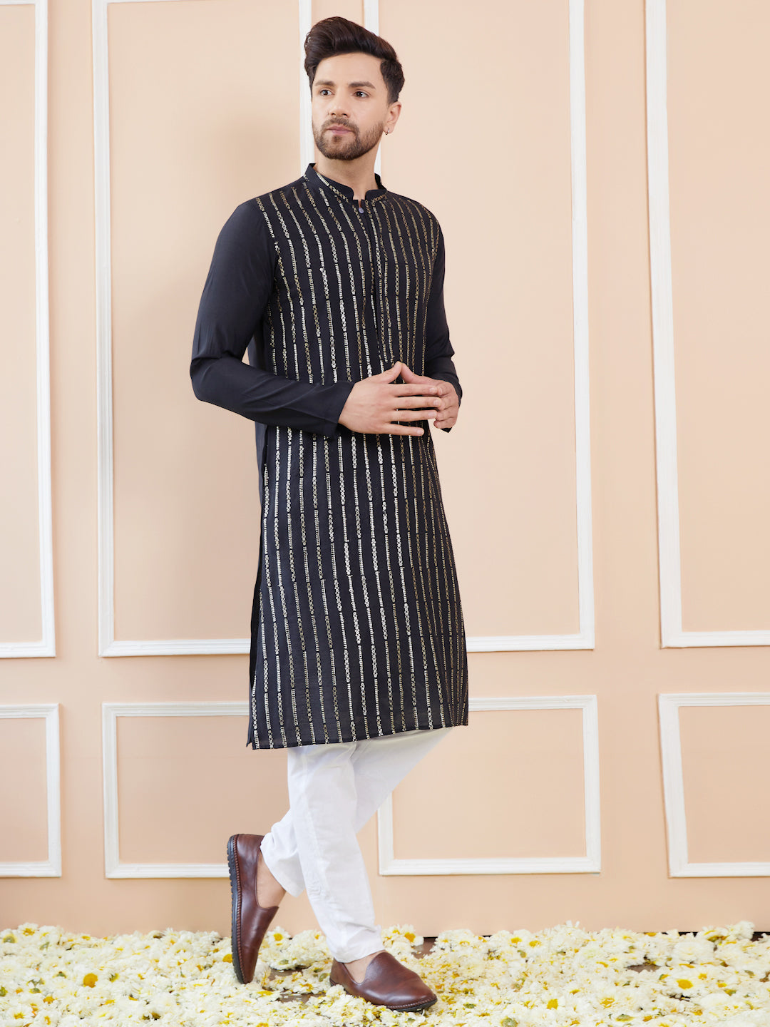 Men Black and Gold Sequins Embroidered Chanderi Silk Straight Kurta With Pyjama