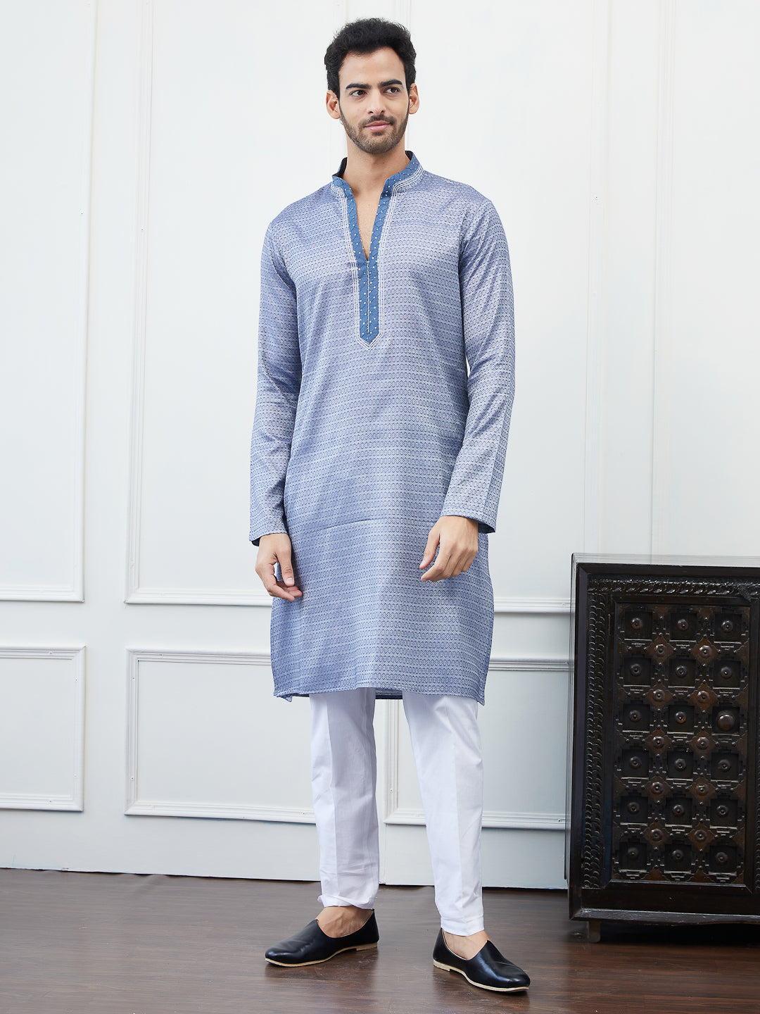 Thread Worked Pure Cotton Straight Kurta With Embroidered Sequin Neck Design