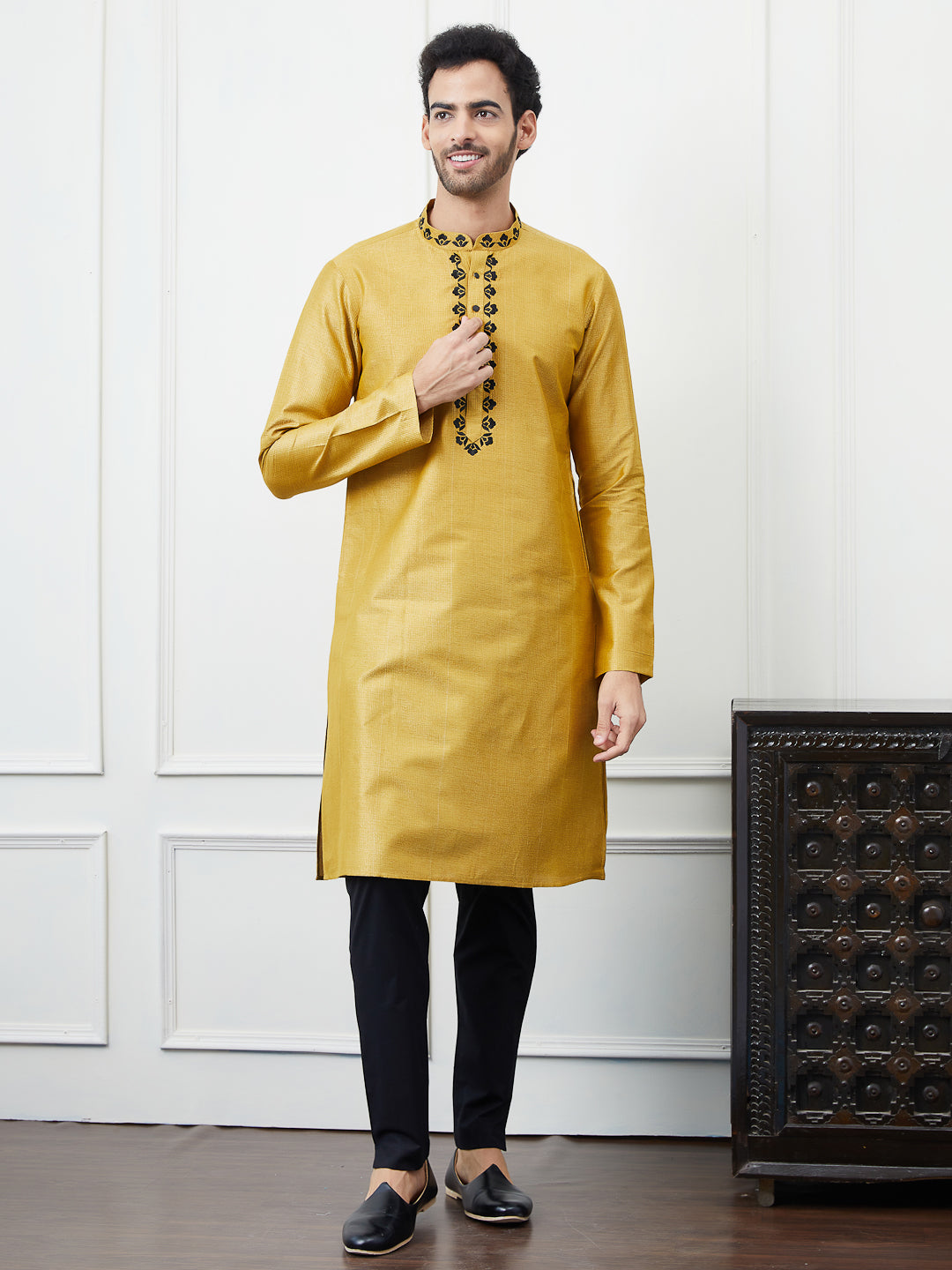 Solid Pure Cotton Straight Kurta with Embroidered Neck Design and Pyjama