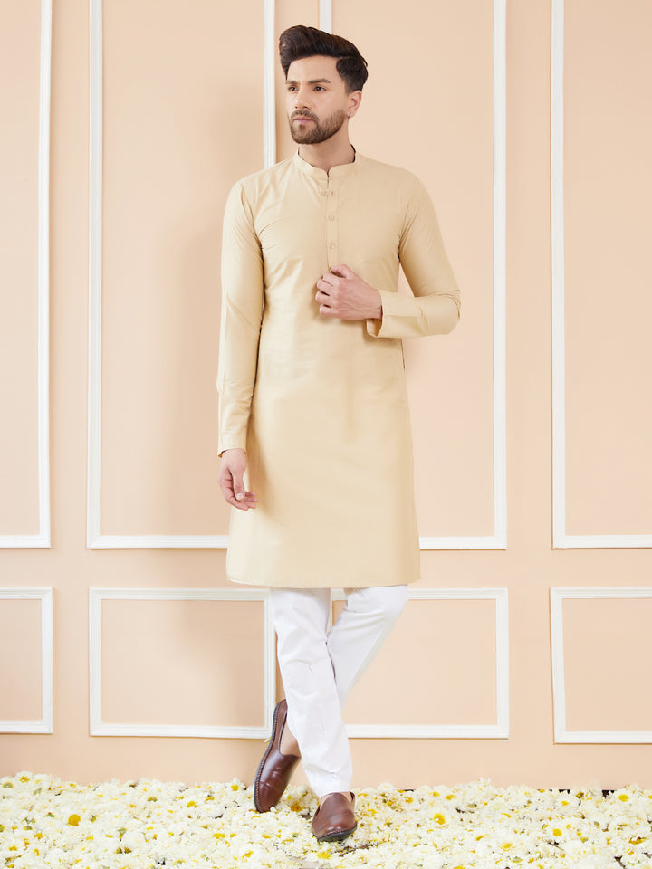 Cream Cotton Solid Straight Kurta with Pyjama