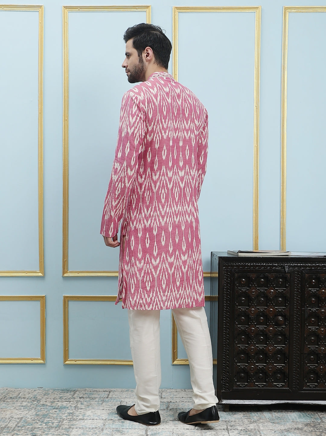 Printed Ikat Pure Cotton Straight Kurta with Embroidered Neck Design and Pyjama