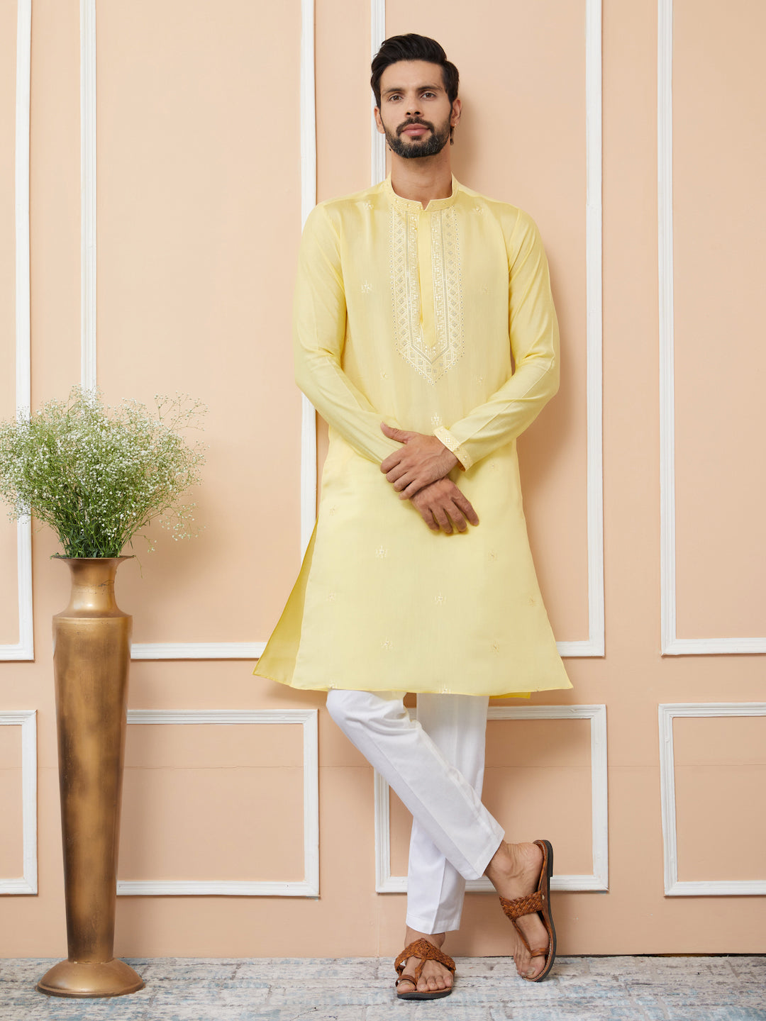 Yellow Embroidered Chanderi Silk Straight Kurta with Pyjama