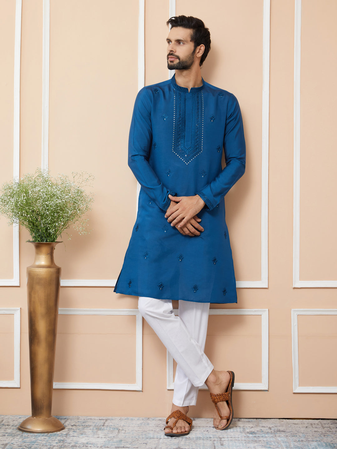 Dark Blue Embroidered Chanderi Silk Straight Kurta with Pyjama