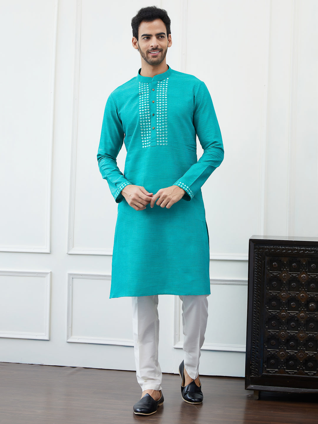 Embroidered Sequin Mirror Worked Pure Cotton Straight Kurta