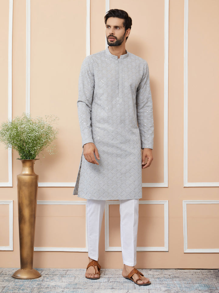 Grey Sequins and Thread Embroidered Cotton Straight Kurta with Pyjama