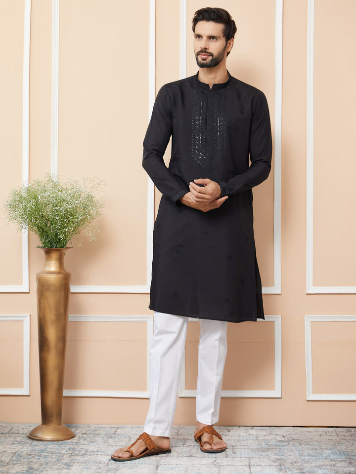 Black Embroidered Chanderi Silk Straight Kurta