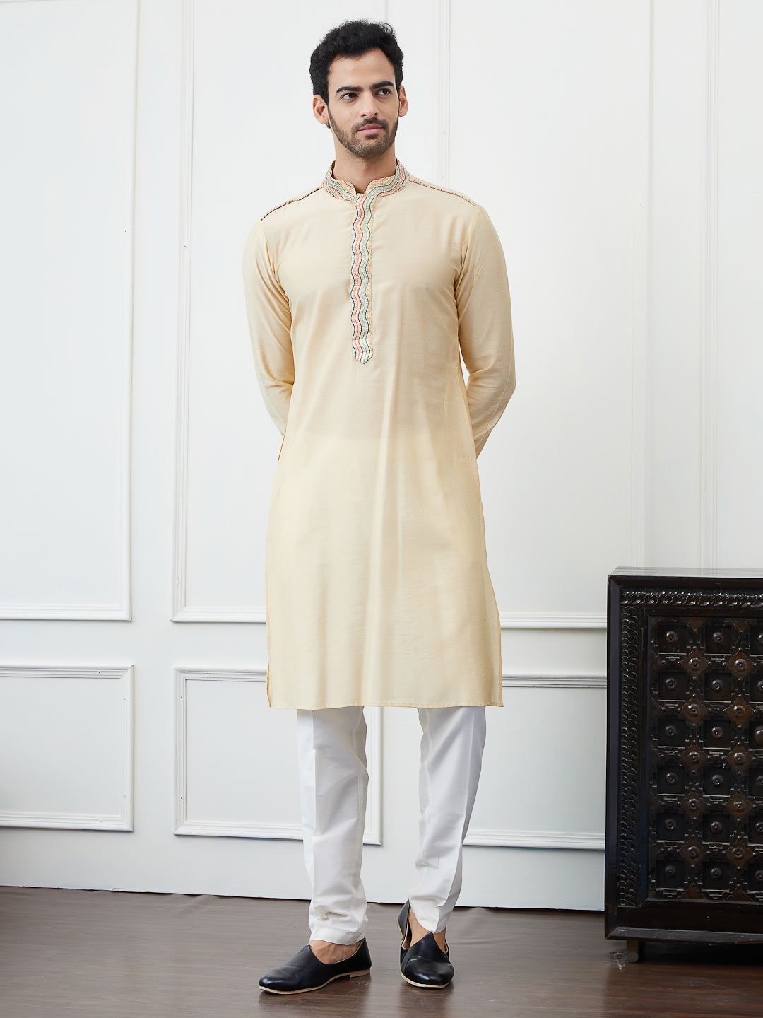 Solid Pure Cotton Straight Kurta with Embroidered Flacked and Pyjama