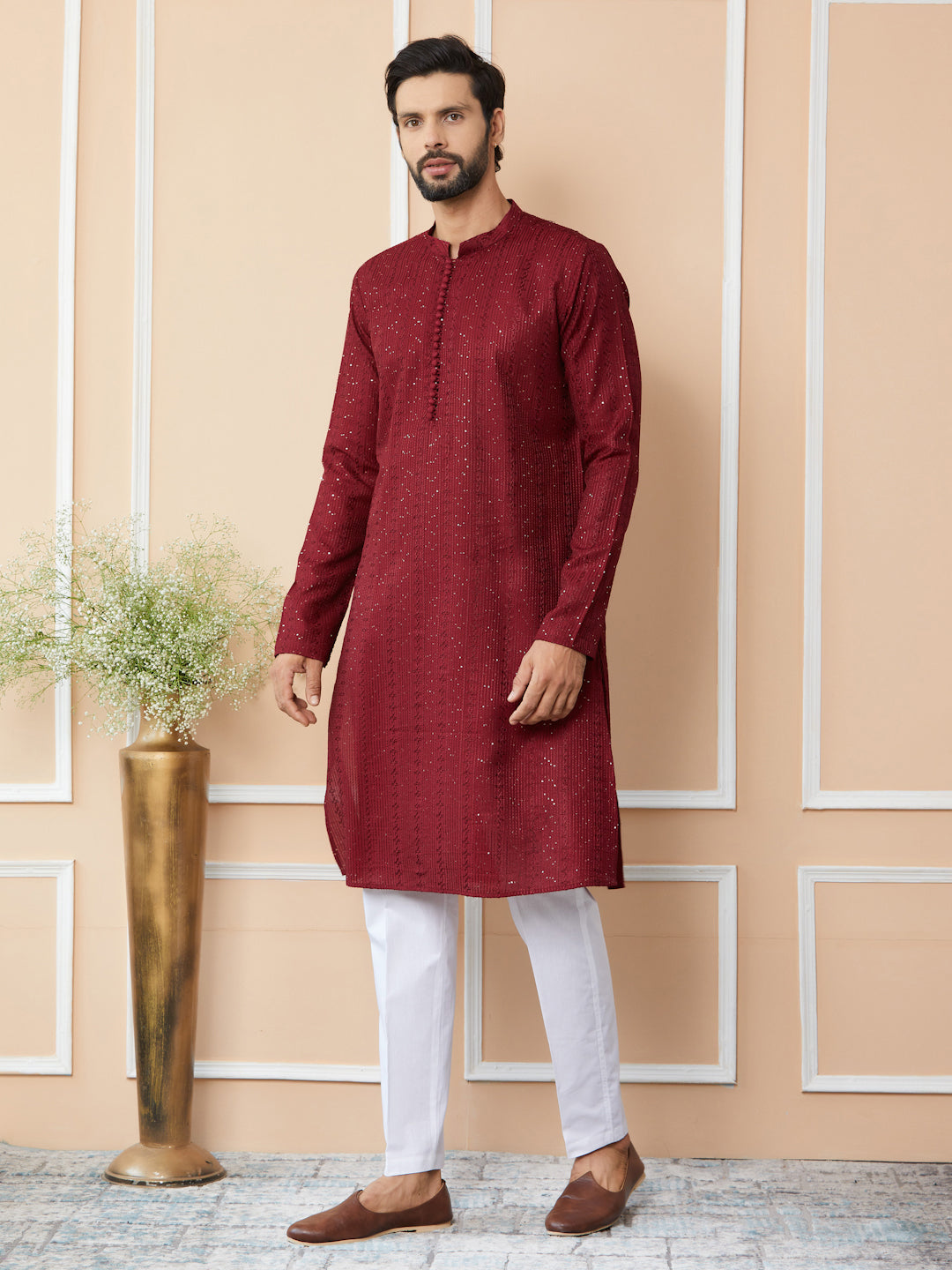 Dark Maroon Embroidered Thread Work Sequinned Chanderi Silk Straight Kurta with Pyjama