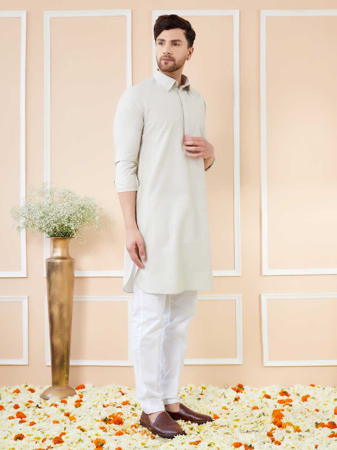 Off White Cotton Solid Pathani Kurta